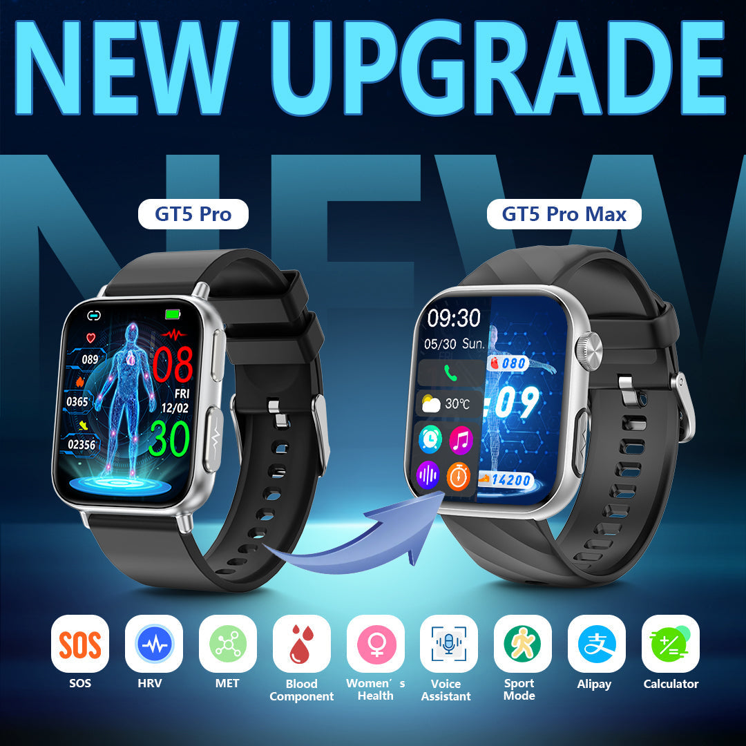 GT5 Pro Max Blood Glucose Watch With BP+HRV+ECG(EKG)+PGG+SpO2+SOS+Stress+Sleep Monitoring Supports Voice Calls And Fitness Tracker
