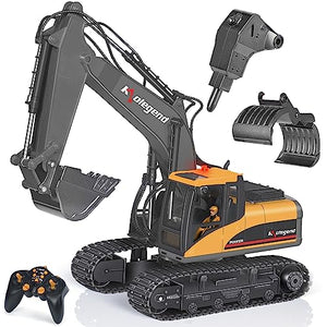 kolegend 3 in 1 Remote Control Excavator Toy 1/14 Scale RC Excavator. 15 Channel Upgrade Full Functional Construction Vehicles with Tools Metal Breaker and Electric Gripper(Yellow/Black)