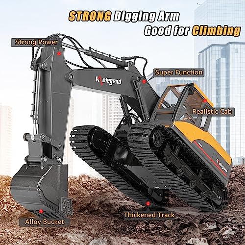 kolegend 3 in 1 Remote Control Excavator Toy 1/14 Scale RC Excavator. 15 Channel Upgrade Full Functional Construction Vehicles with Tools Metal Breaker and Electric Gripper(Yellow/Black)