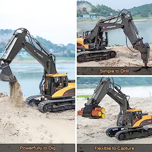 kolegend 3 in 1 Remote Control Excavator Toy 1/14 Scale RC Excavator. 15 Channel Upgrade Full Functional Construction Vehicles with Tools Metal Breaker and Electric Gripper(Yellow/Black)