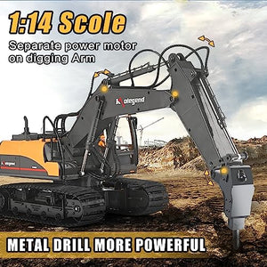 kolegend 3 in 1 Remote Control Excavator Toy 1/14 Scale RC Excavator. 15 Channel Upgrade Full Functional Construction Vehicles with Tools Metal Breaker and Electric Gripper(Yellow/Black)