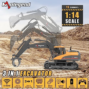 kolegend 3 in 1 Remote Control Excavator Toy 1/14 Scale RC Excavator. 15 Channel Upgrade Full Functional Construction Vehicles with Tools Metal Breaker and Electric Gripper(Yellow/Black)