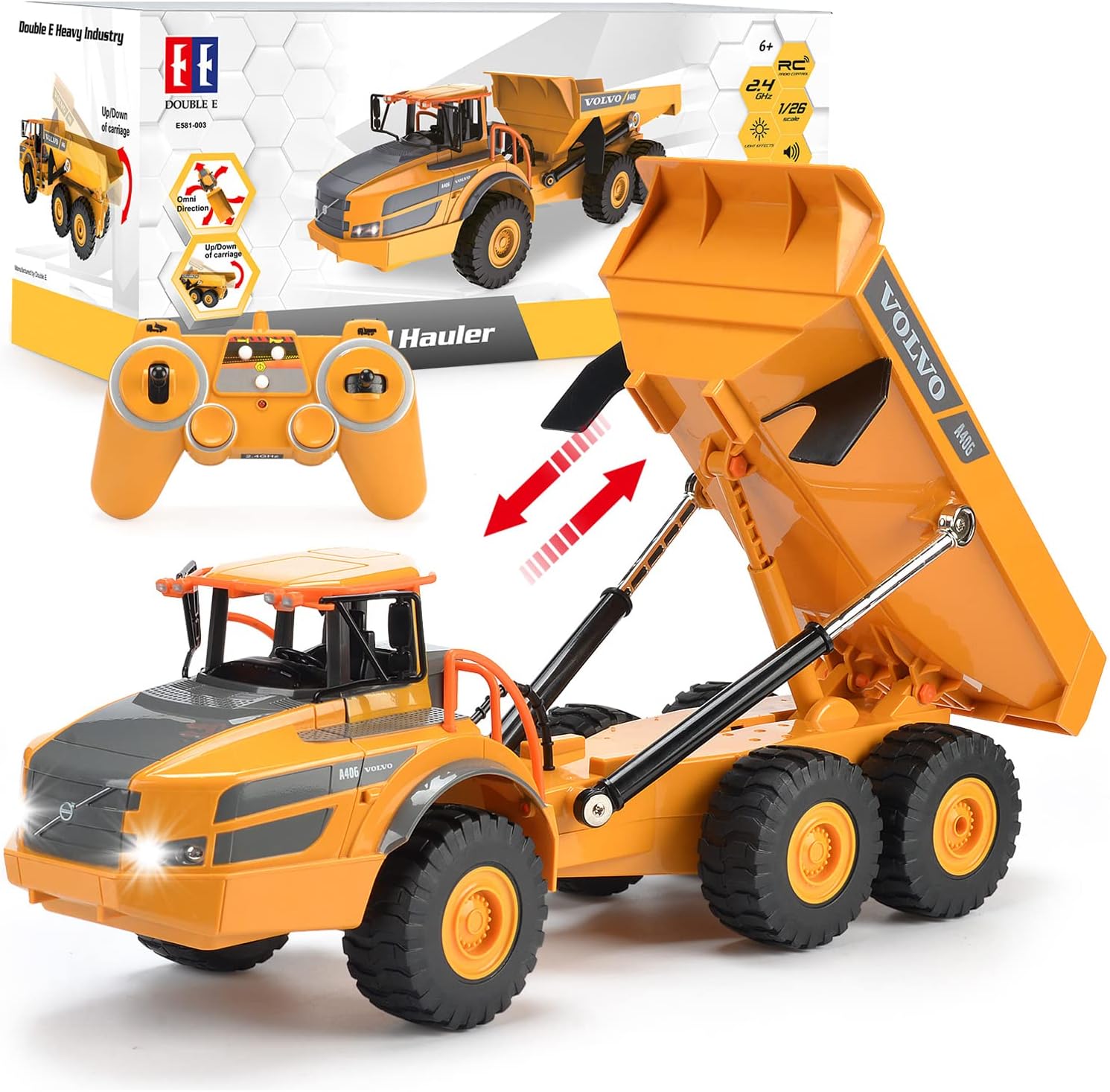 DOUBLE E Volvo RC Dump Truck Toy for Kids. Articulated Hauler. Remote Control Construction Toys Vehicles with Lights. Birthday Gifts Ideas for Boys Age 6 7 8 9 10 Year Old and up